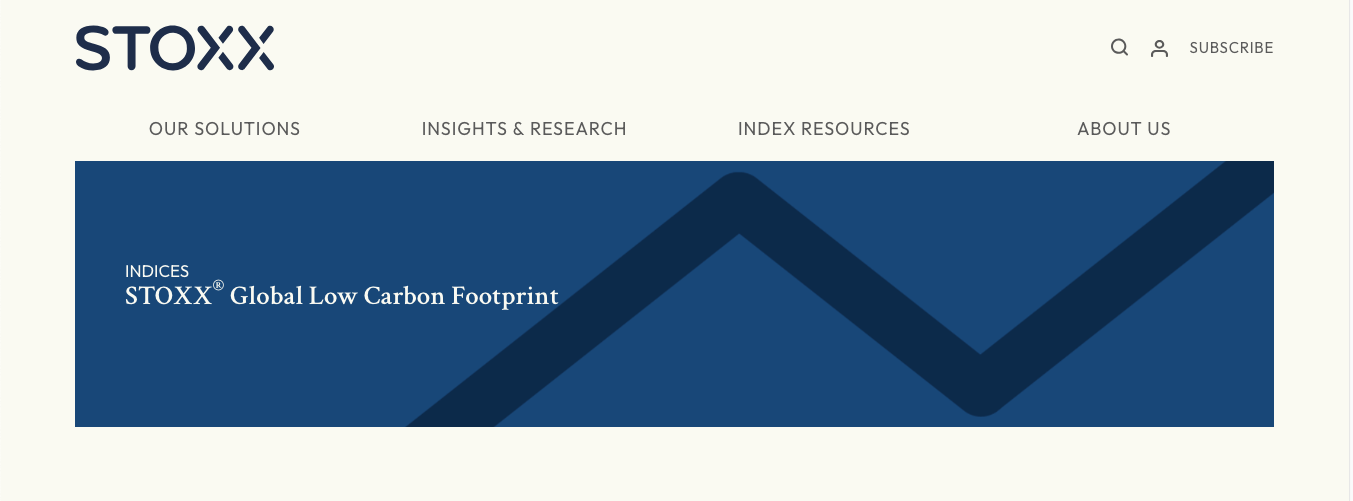 Screenshot from STOXX website, displaying the top hero of the page that explains the characteristics of the STOXX Global Low Carbon Footprint indices