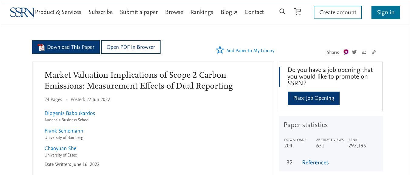 Screenshot of SSRN website, showing a page to download a paper titled "Market Valuation Implications of Scope 2 Carbon Emissions: Measurement Effects of Dual Reporting"