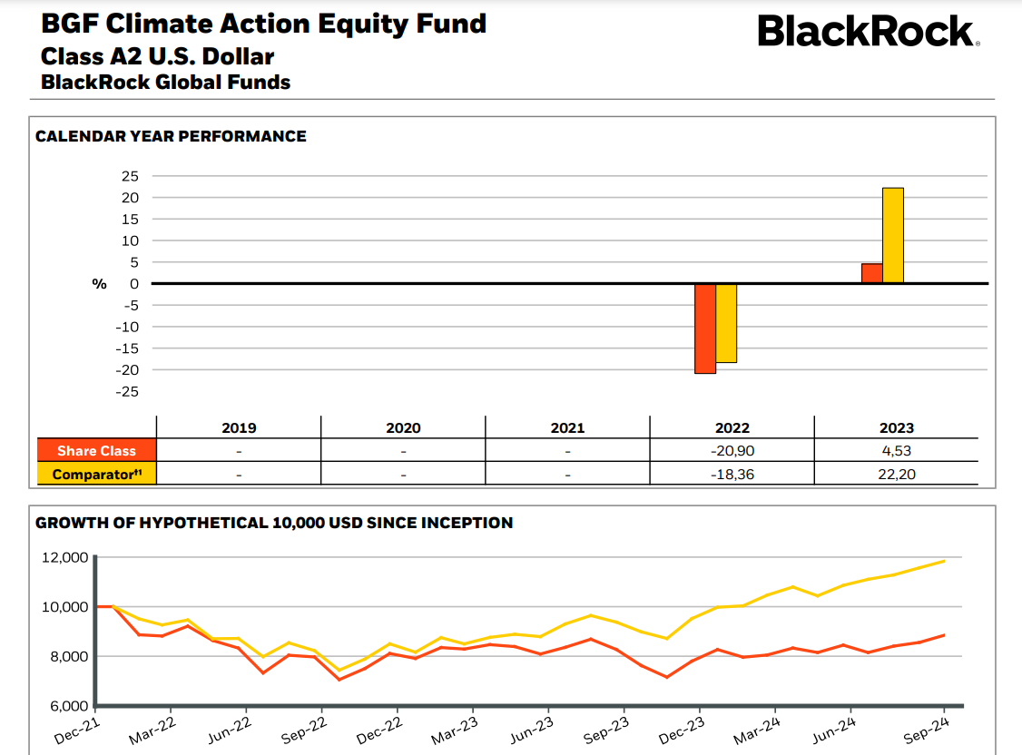 Screenshot from BlackRock's BGF Climate Action Equity Fund's prospectus, highlighting the performance of the fund since inception.