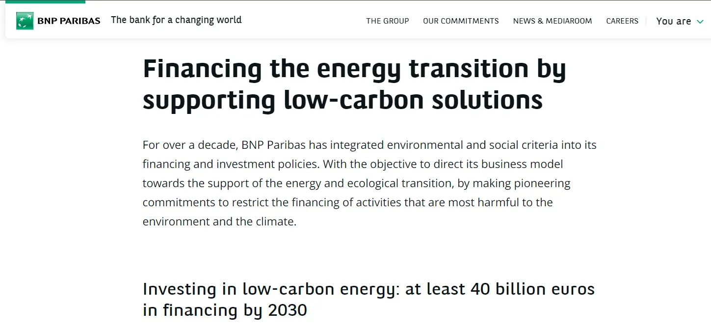 Screenshot from BNP Parisbas website, showcasing the bank's commitment to support low-carbon solutions