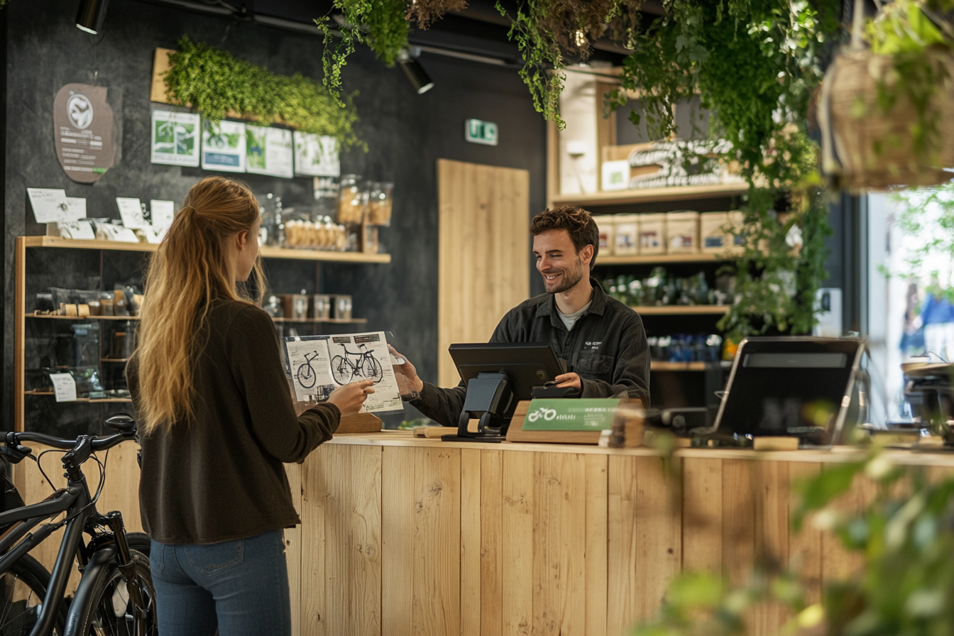 A bicycle shop emphasizing sustainability in its branding, building a competitive edge by attracting eco-conscious customers.