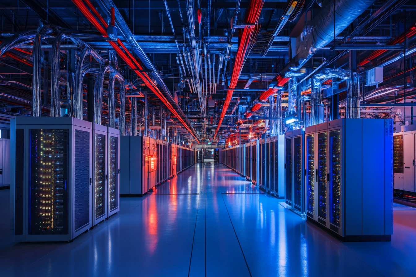 Data center with server racks and integrated cooling units, illustrating cooling requirements and energy use in data-heavy industries.