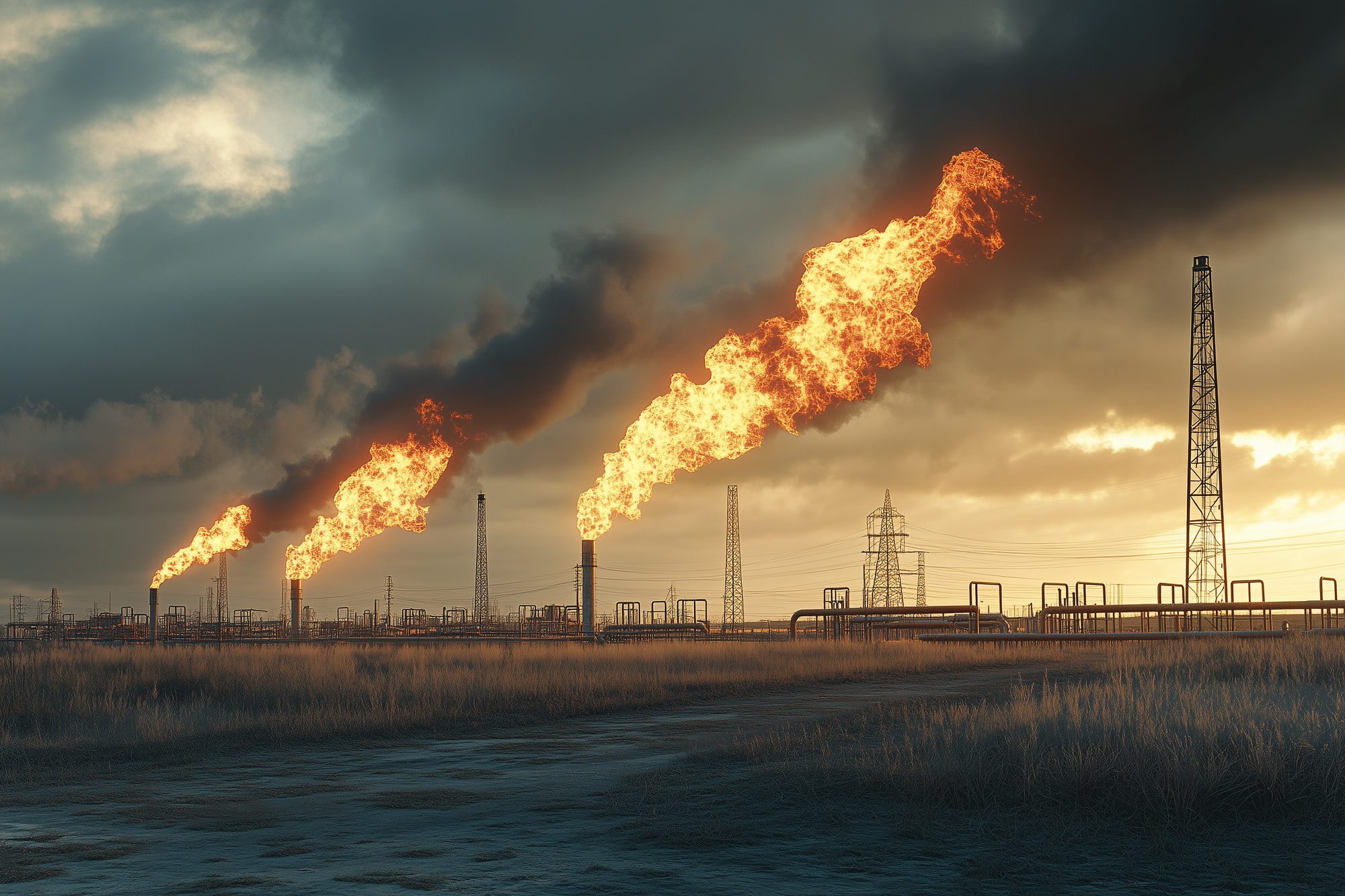 A gas flaring site with controlled flames, representing flaring emissions in oil and gas operations.