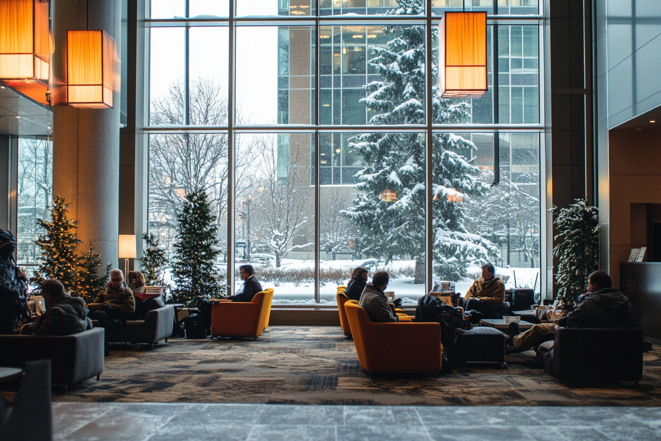 Hotel lobby in winter with guests seated comfortably, heated by energy-efficient radiators, illustrating the role of heating emissions in hospitality.