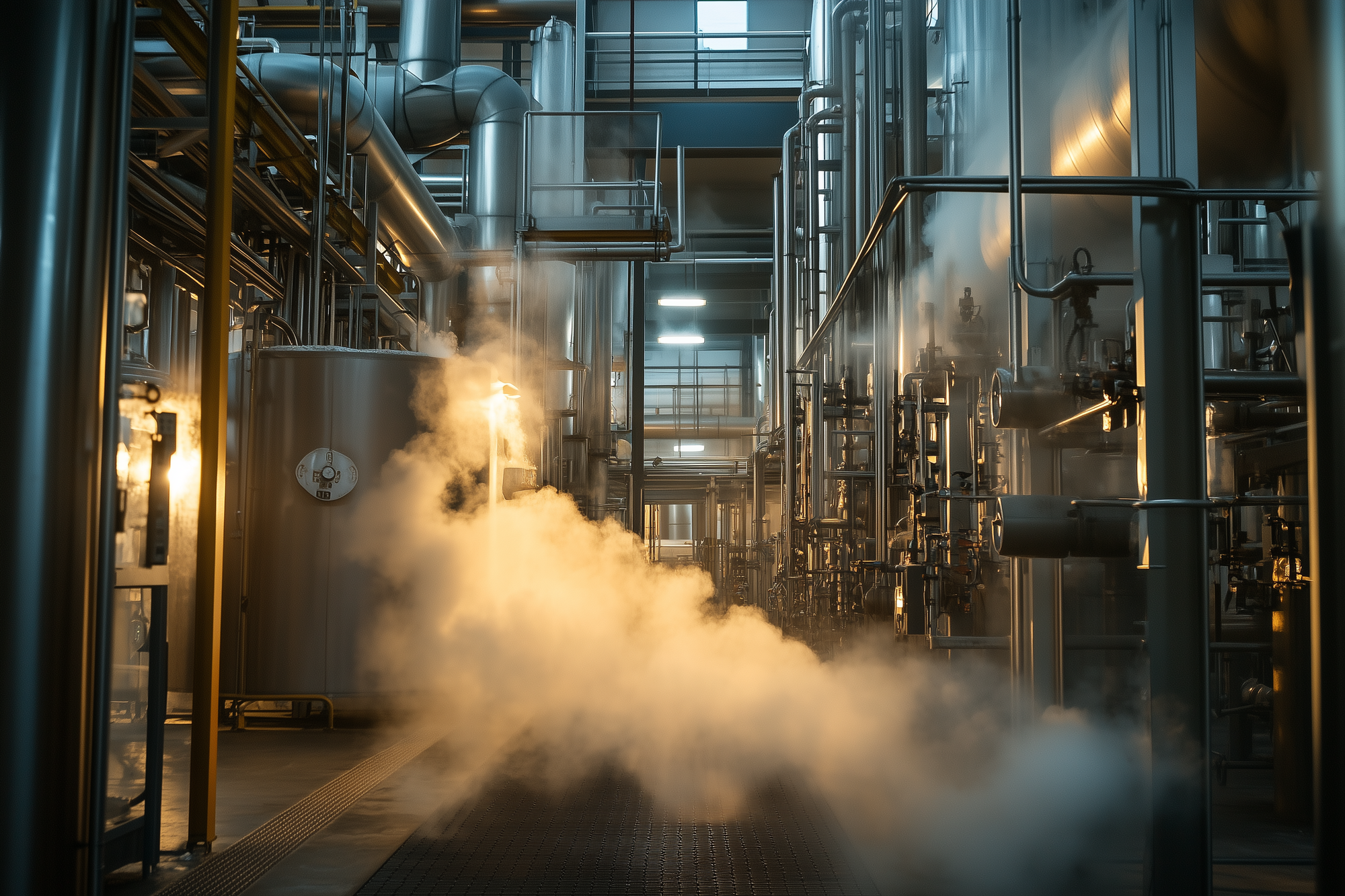 Process emissions inside a fertilizer production facility. Ammonia production can release gases such as CO₂, methane (CH₄), and nitrous oxide (N₂O).