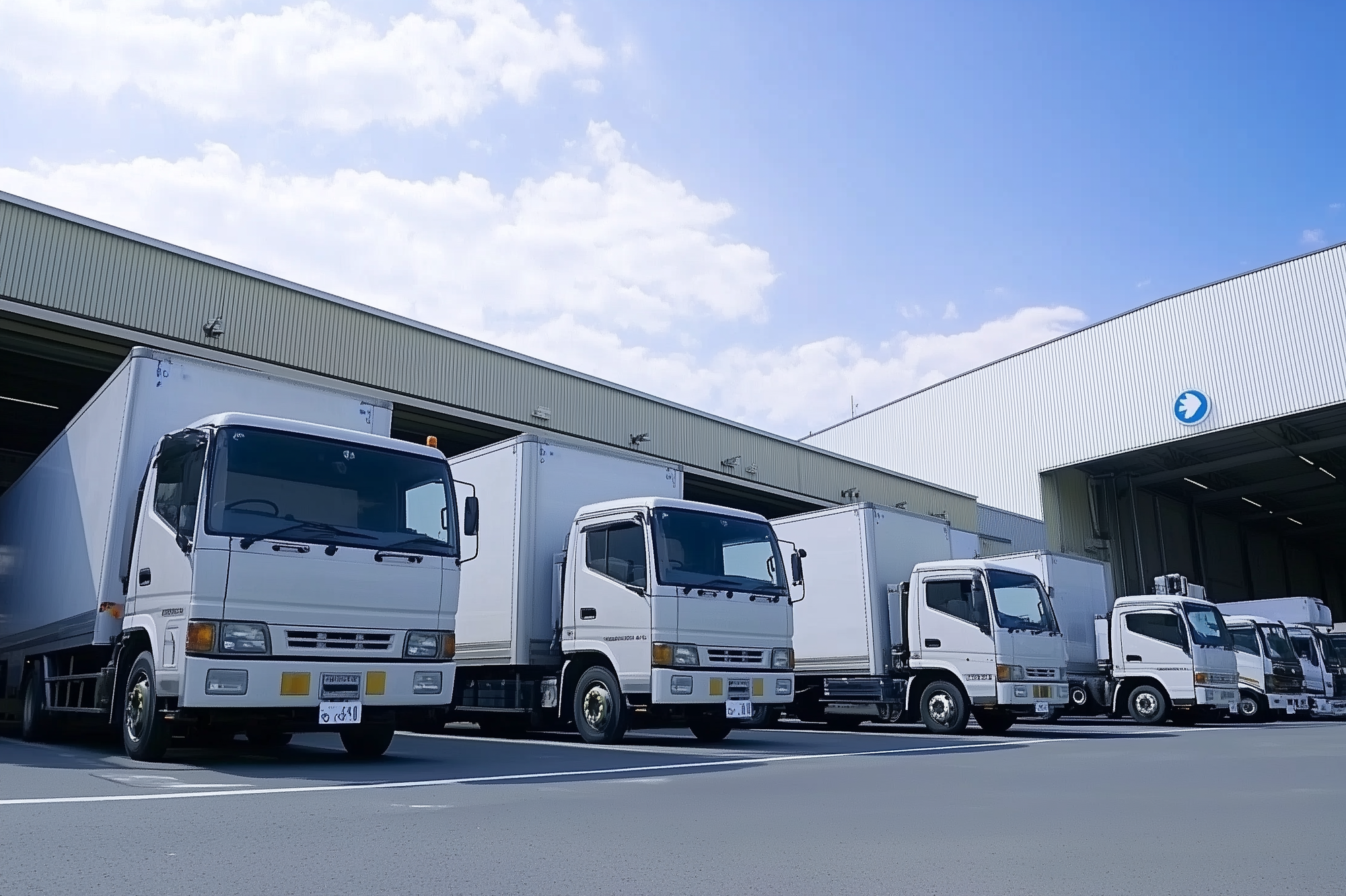 Company-owned delivery trucks at a logistics center, illustrating mobile combustion emissions.