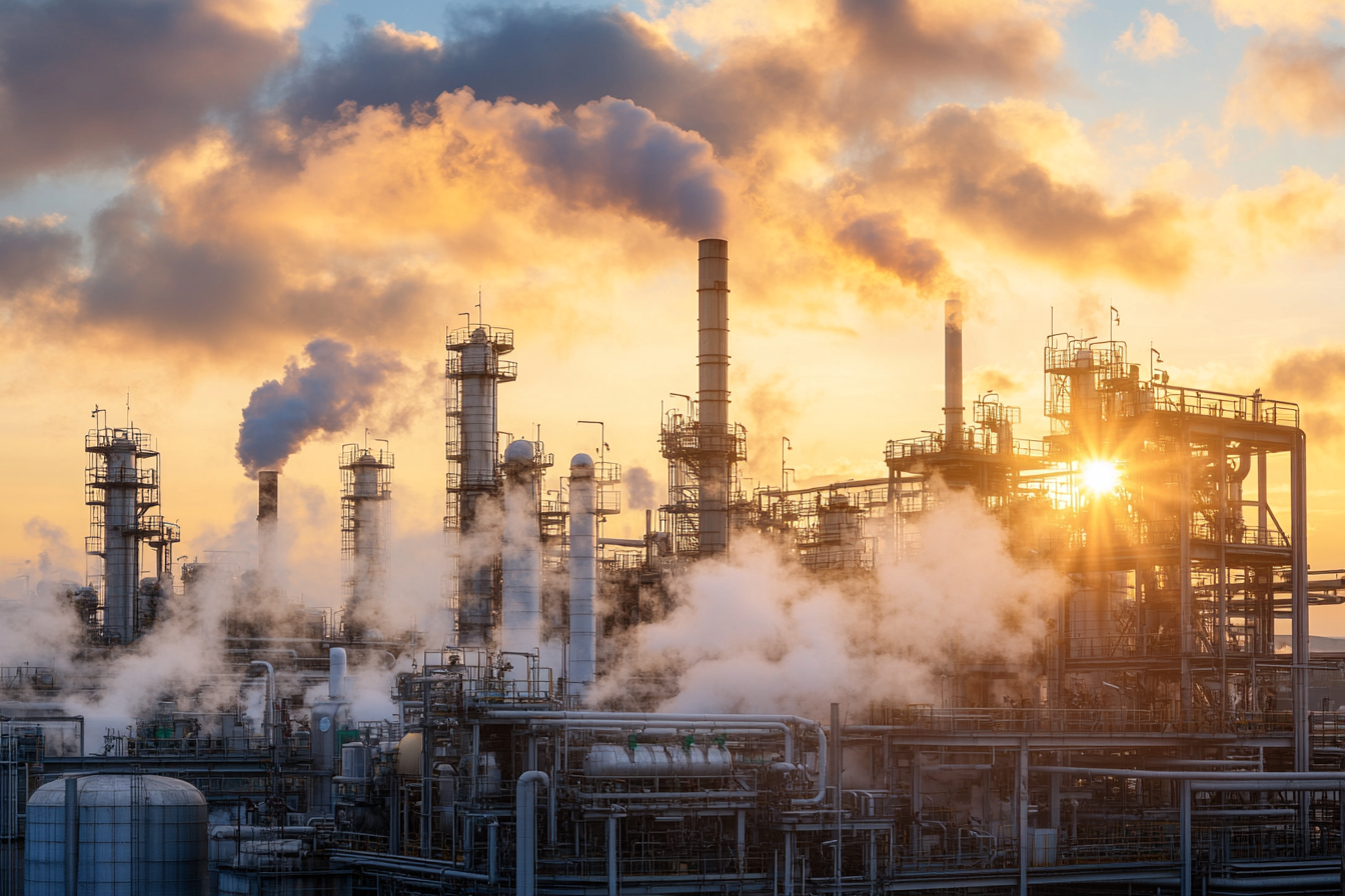 Chemical plant at sunrise with steam rising from pipelines, showing the energy-intensive processes in chemical production and associated emissions.