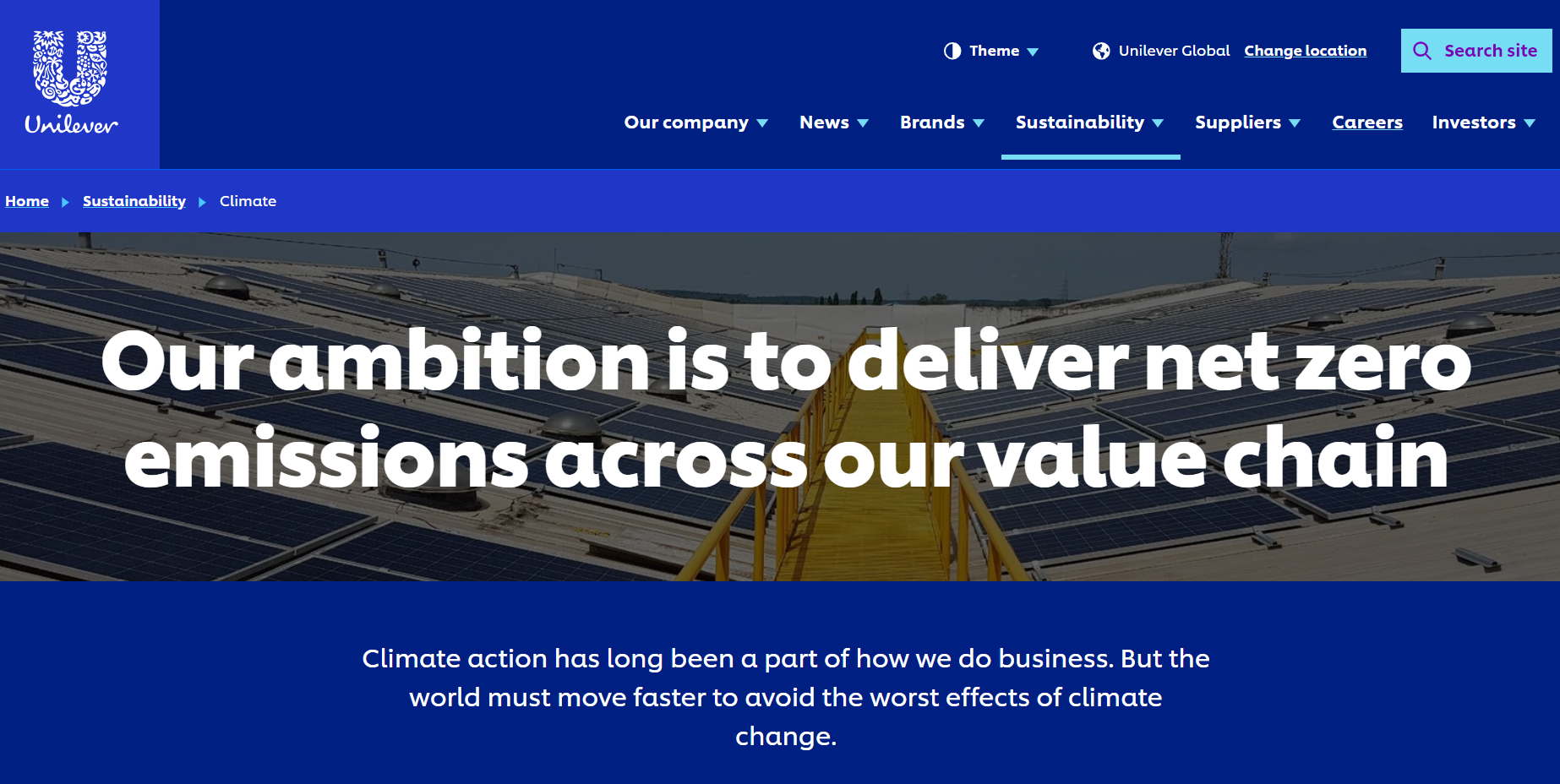 Screenshot from Unilever's website showing Unilever's ambition to reach net zero emissions across its value chain.