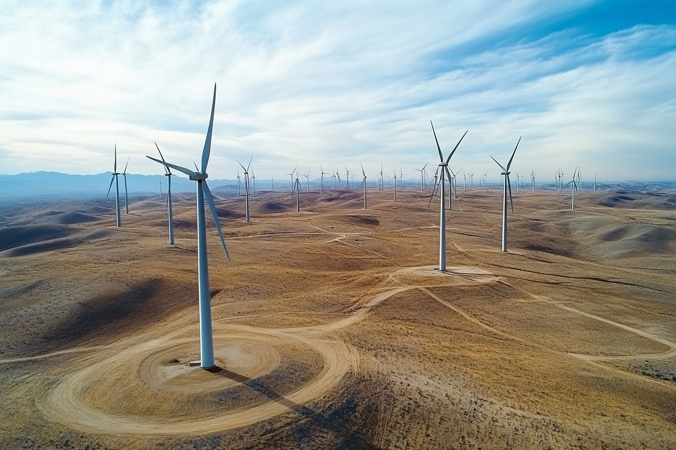 Photo of windmills in the desert.