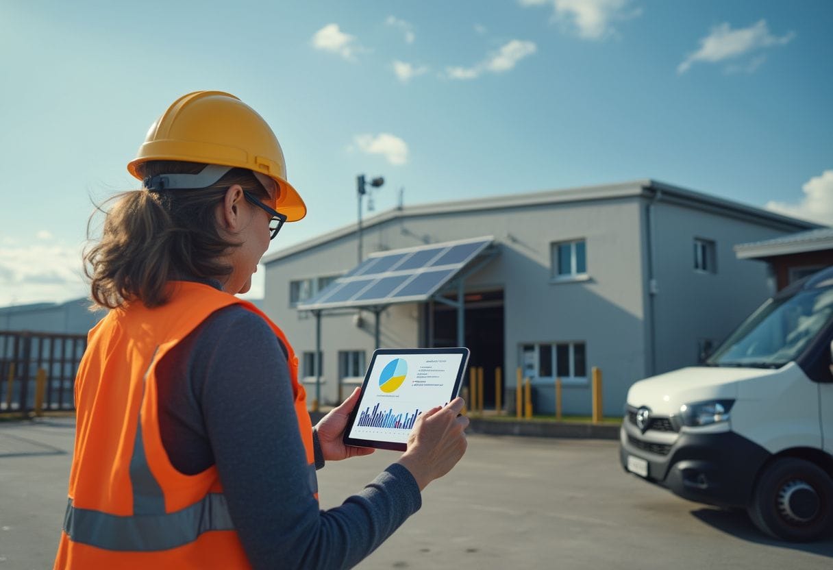 A sustainability manager analyzing energy efficiency data on a tablet in front of a facility with solar panels and an electric delivery van, demonstrating real-world GHG reduction efforts.