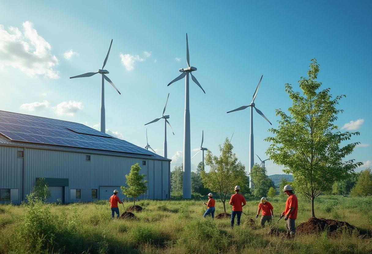 Manufacturing facility with solar panels, wind turbines, and employees planting trees, representing corporate GHG reduction efforts and environmental stewardship.