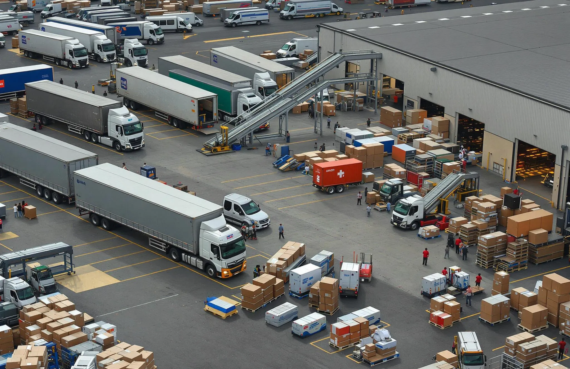 Aerial view of a warehouses, showcasing trucks and packages