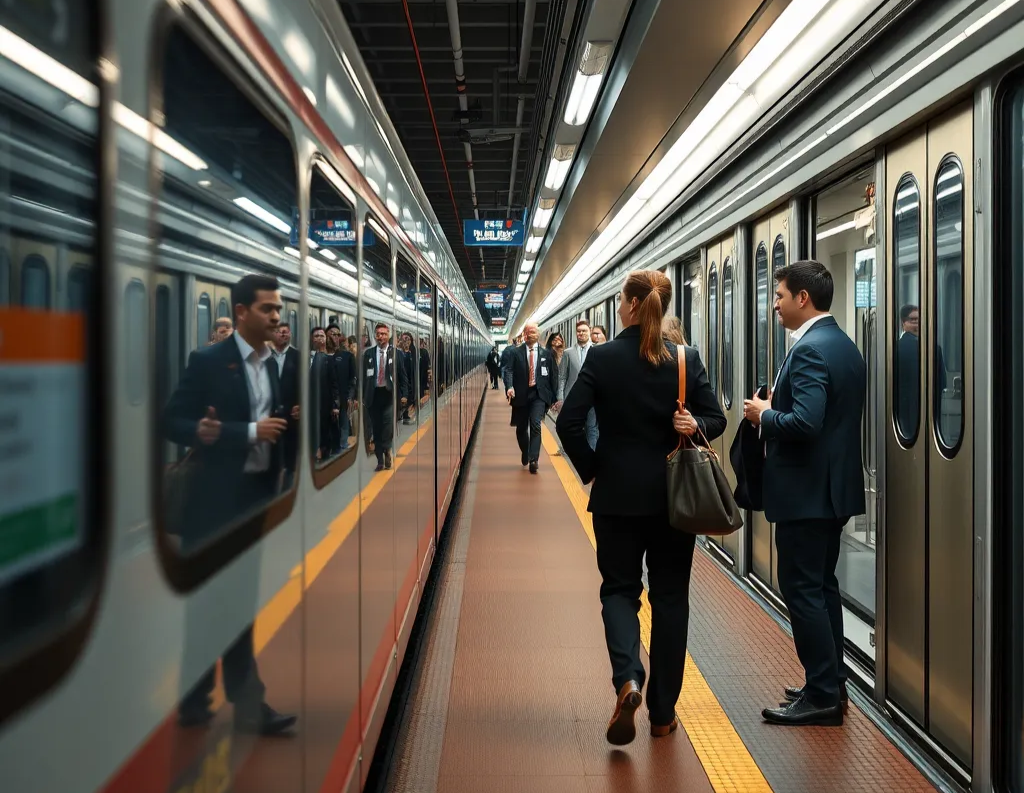 Image of employees commuting to work by public transportation.