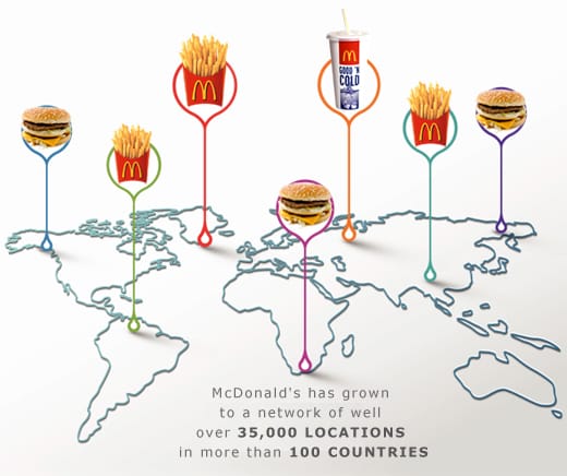 Map showcasing that McDonald's has grown a network of over 35'000 locations over 100 countries in 2014