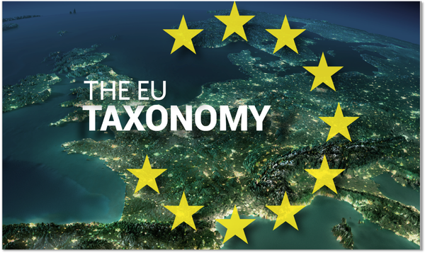 Aerial view of Europe at night with the text "THE EU TAXONOMY" and a semi-circle of EU stars overlayed.