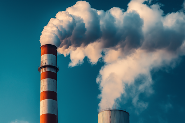 Smoke stacks emitting Scope 1 emissions at an industrial facility.