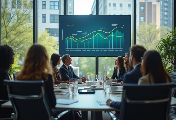 Diverse professionals analyzing GHG emissions data on a digital dashboard in a modern, eco-friendly corporate boardroom.